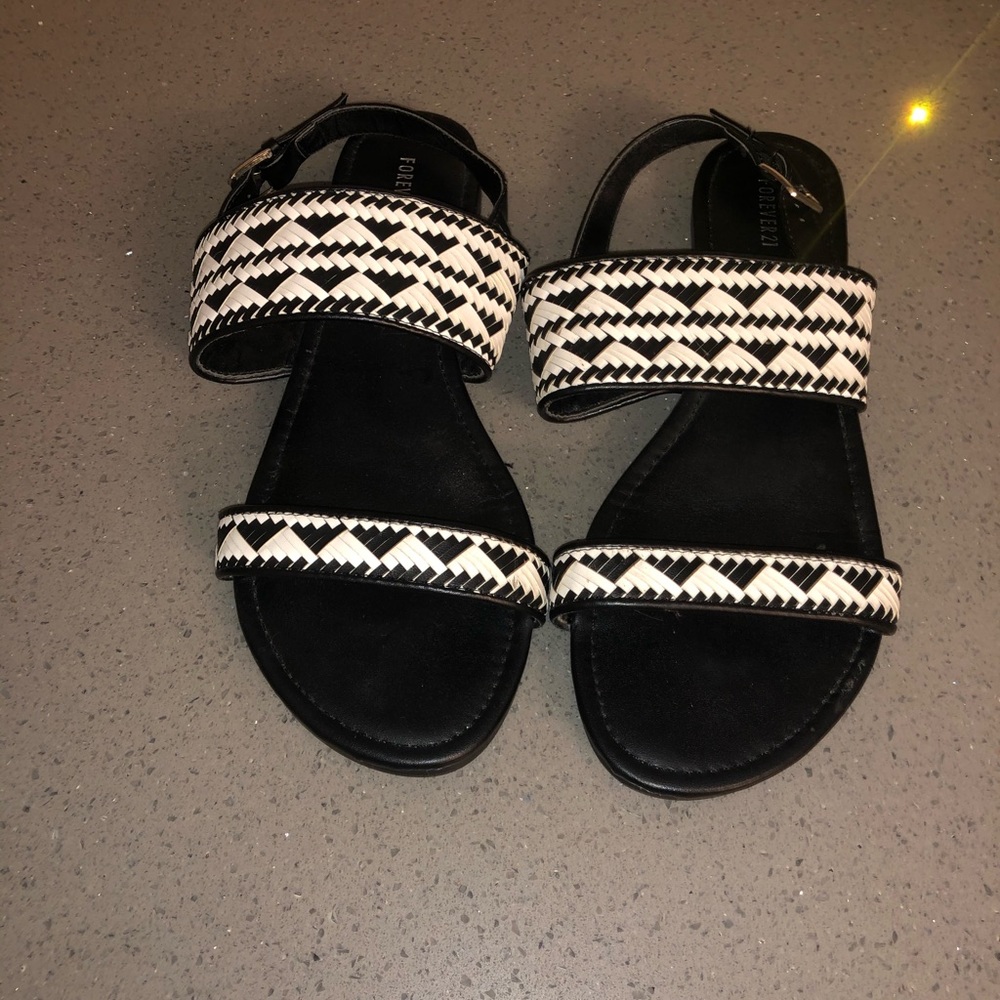 Black and white woven strappy sandals